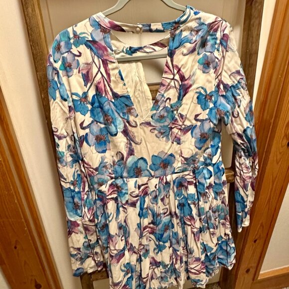 Free People Tegan Long Sleeve Floral Blue Purple Dress M - Picture 2 of 2